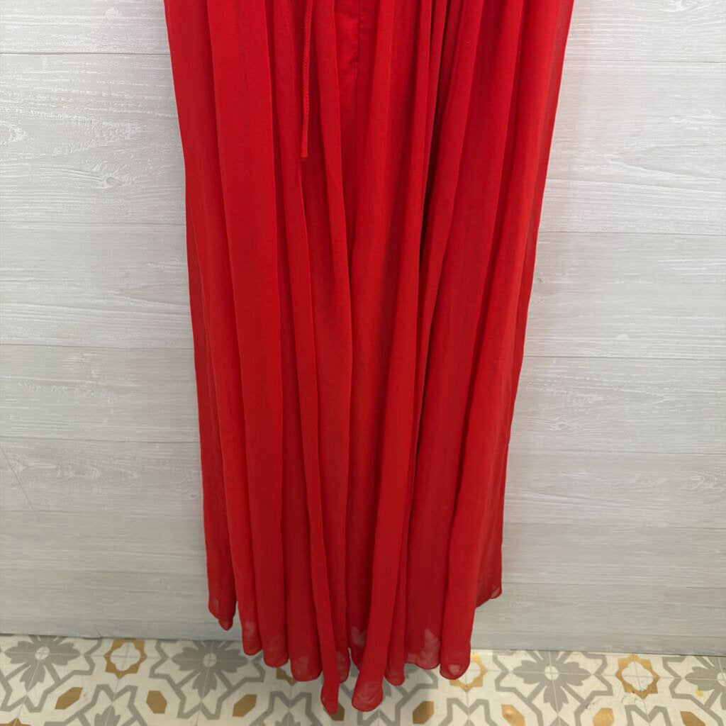 Altar'd State Red Ruffle Sleeve Lace Up Back Chiffon Maxi Dress Small