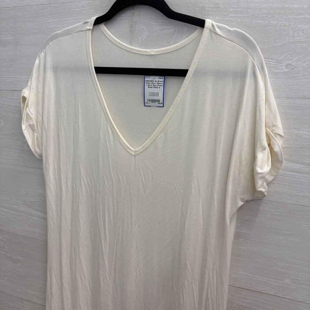 White Short Sleeve V Neck Maxi Dress Small