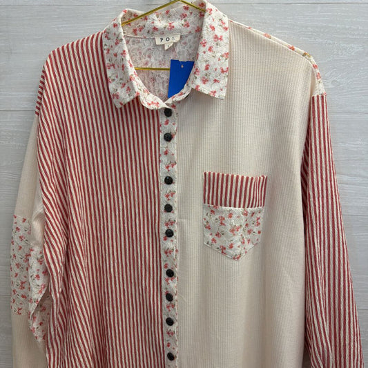 POL Cream/ Red Patchwork Print Long Sleeve Button Down Top Large
