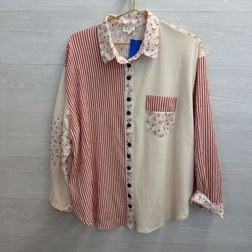 POL Cream/ Red Patchwork Print Long Sleeve Button Down Top Large