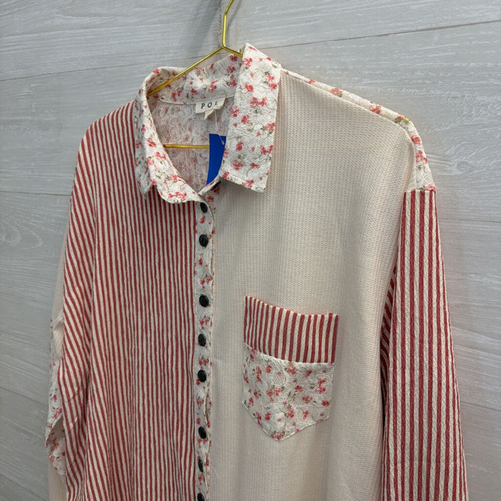 POL Cream/ Red Patchwork Print Long Sleeve Button Down Top Large