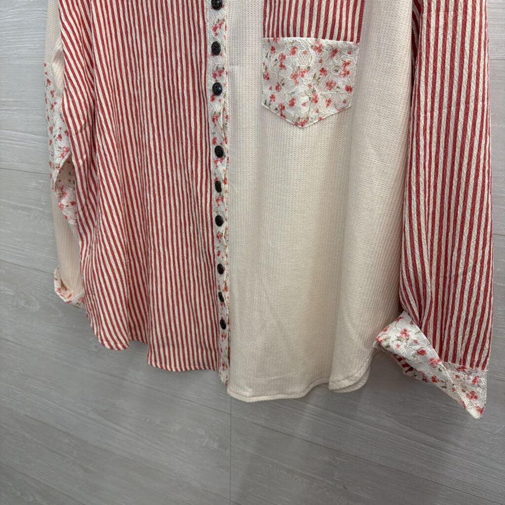 POL Cream/ Red Patchwork Print Long Sleeve Button Down Top Large