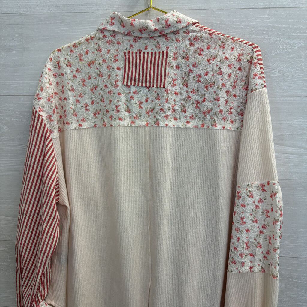 POL Cream/ Red Patchwork Print Long Sleeve Button Down Top Large