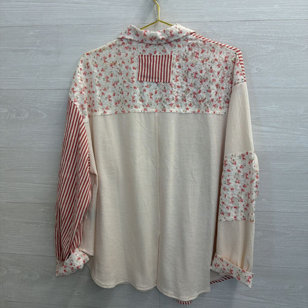 POL Cream/ Red Patchwork Print Long Sleeve Button Down Top Large