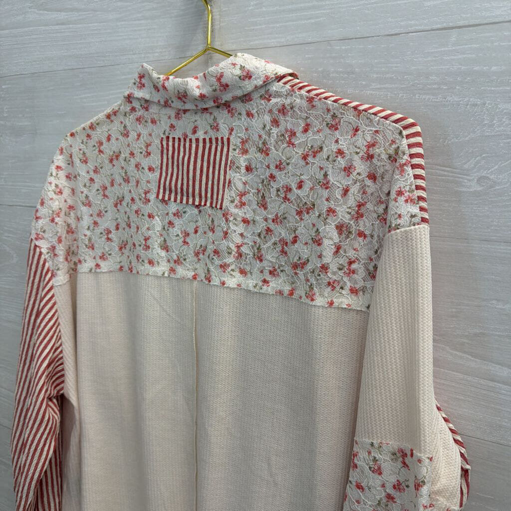 POL Cream/ Red Patchwork Print Long Sleeve Button Down Top Large