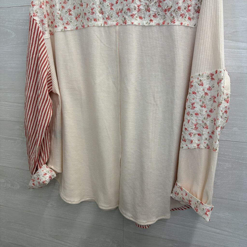 POL Cream/ Red Patchwork Print Long Sleeve Button Down Top Large