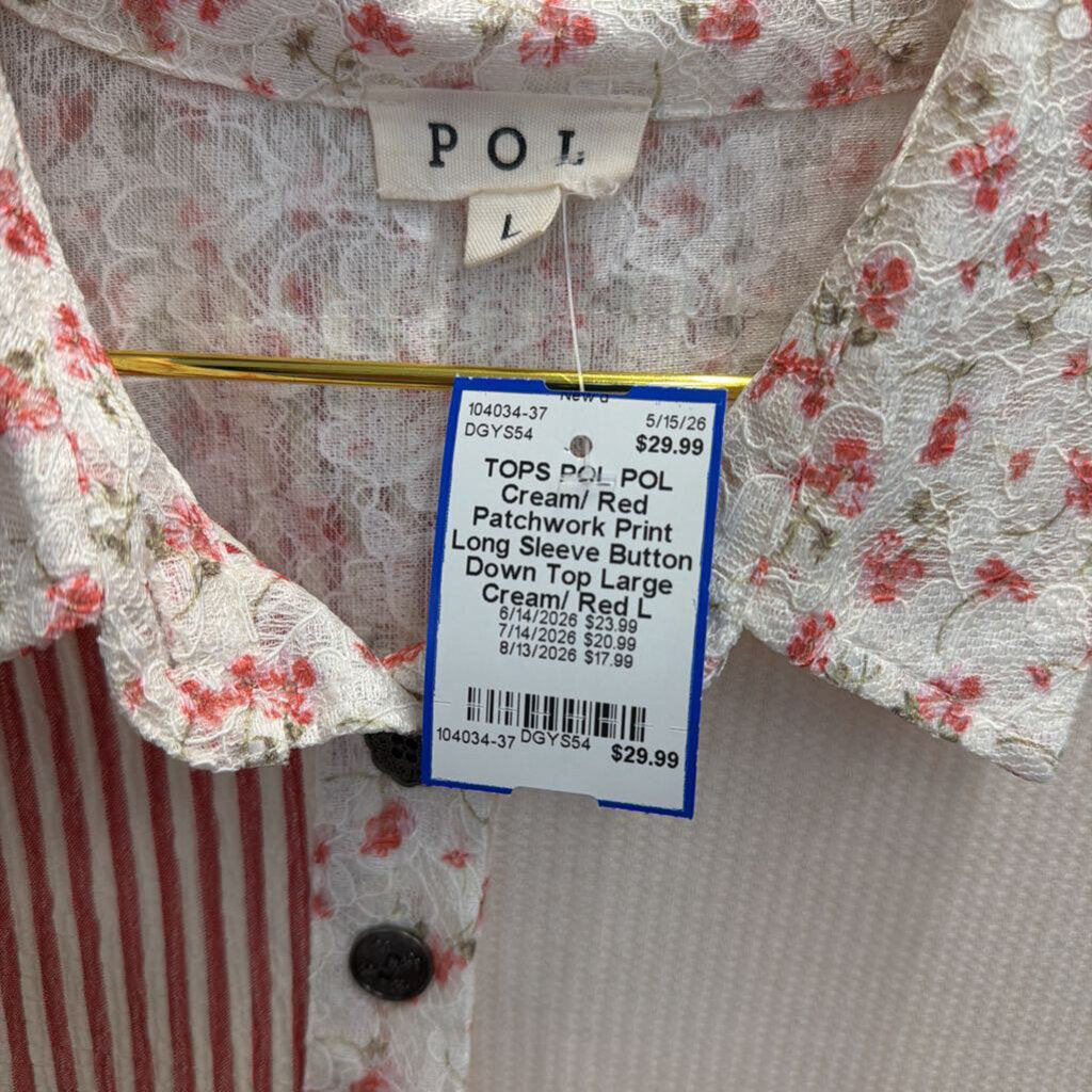 POL Cream/ Red Patchwork Print Long Sleeve Button Down Top Large