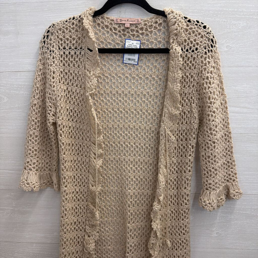 Young Essence Beige Open Knit Open Front Sweater Top Large