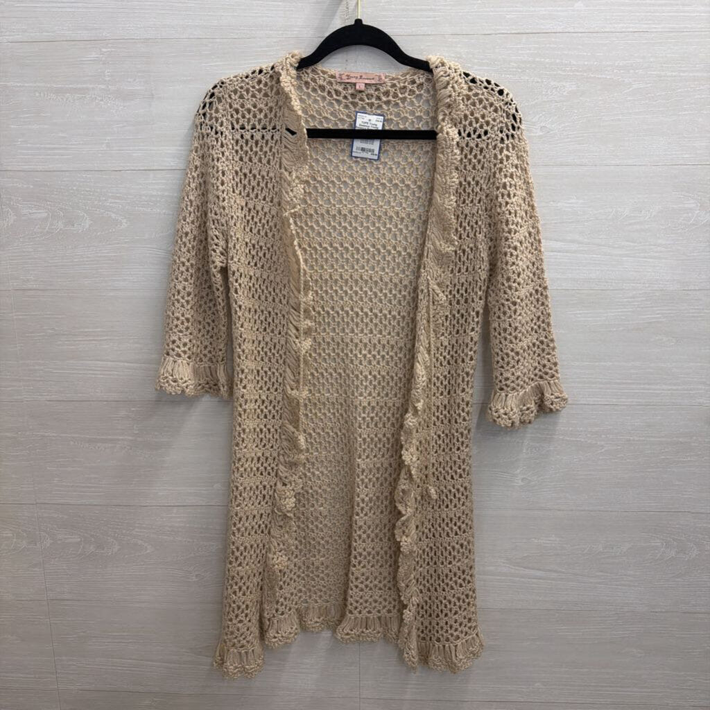 Young Essence Beige Open Knit Open Front Sweater Top Large