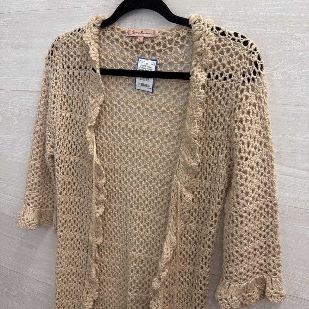 Young Essence Beige Open Knit Open Front Sweater Top Large