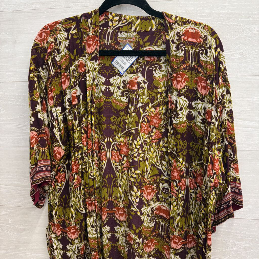 Burgundy/ Multi Floral Print Kimono Top One Size