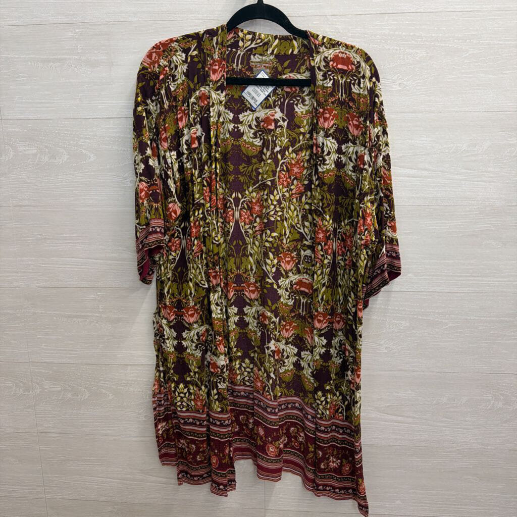 Burgundy/ Multi Floral Print Kimono Top One Size