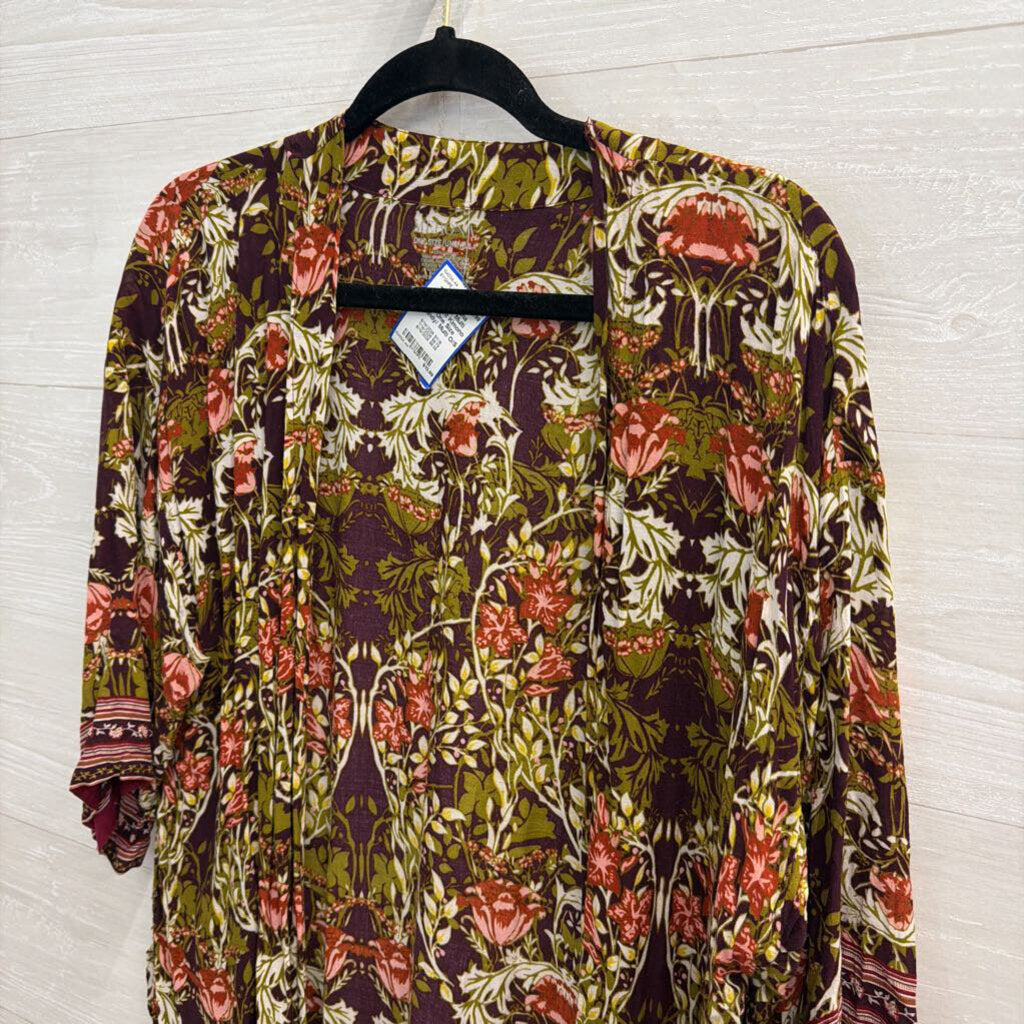 Burgundy/ Multi Floral Print Kimono Top One Size