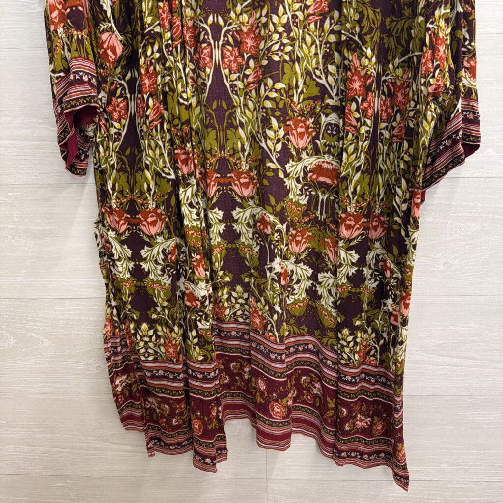 Burgundy/ Multi Floral Print Kimono Top One Size