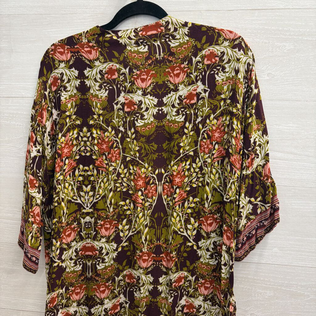 Burgundy/ Multi Floral Print Kimono Top One Size