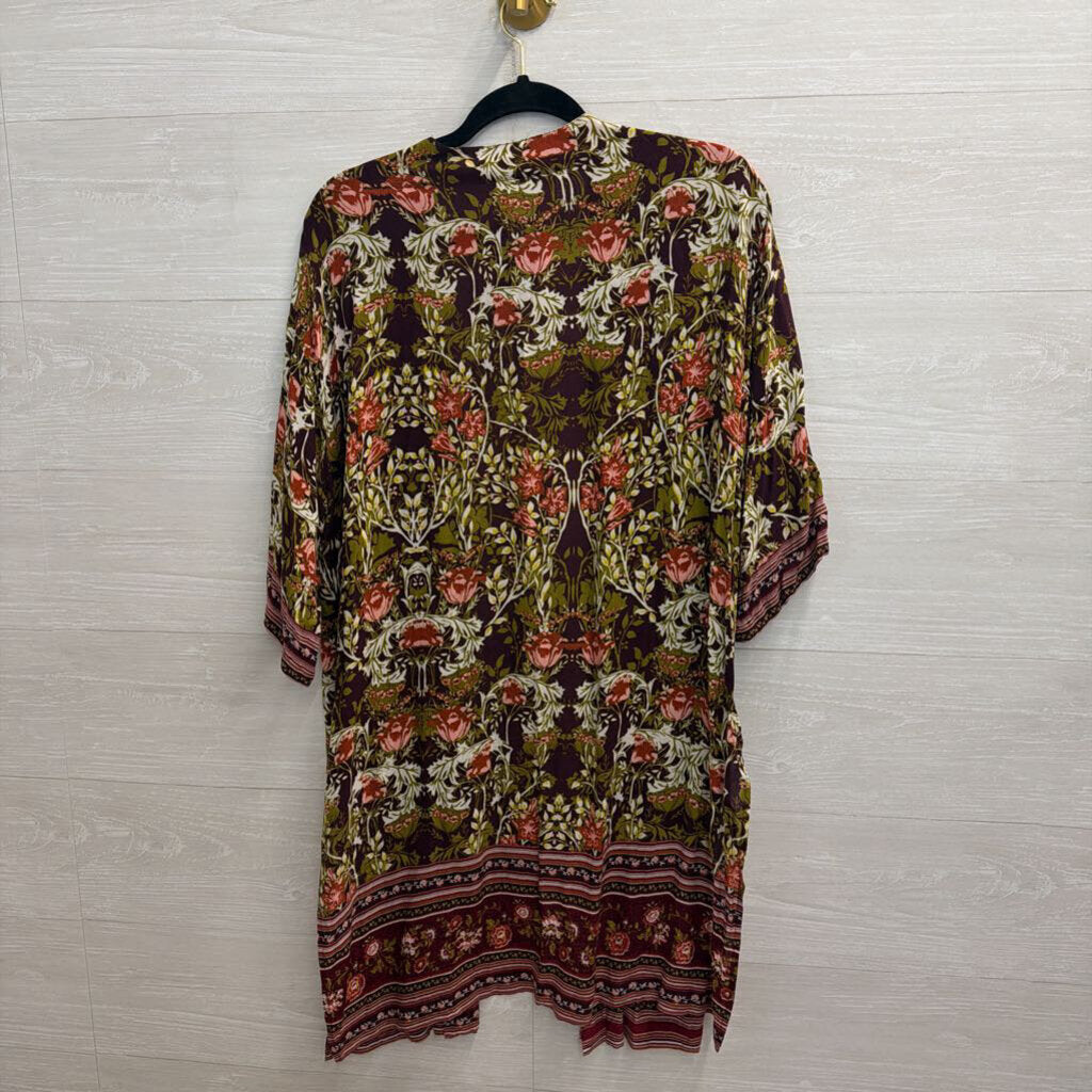 Burgundy/ Multi Floral Print Kimono Top One Size