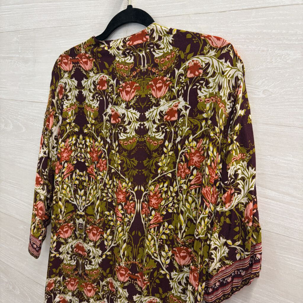 Burgundy/ Multi Floral Print Kimono Top One Size