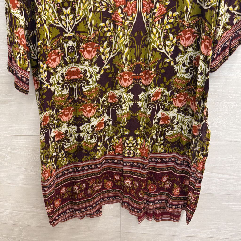 Burgundy/ Multi Floral Print Kimono Top One Size