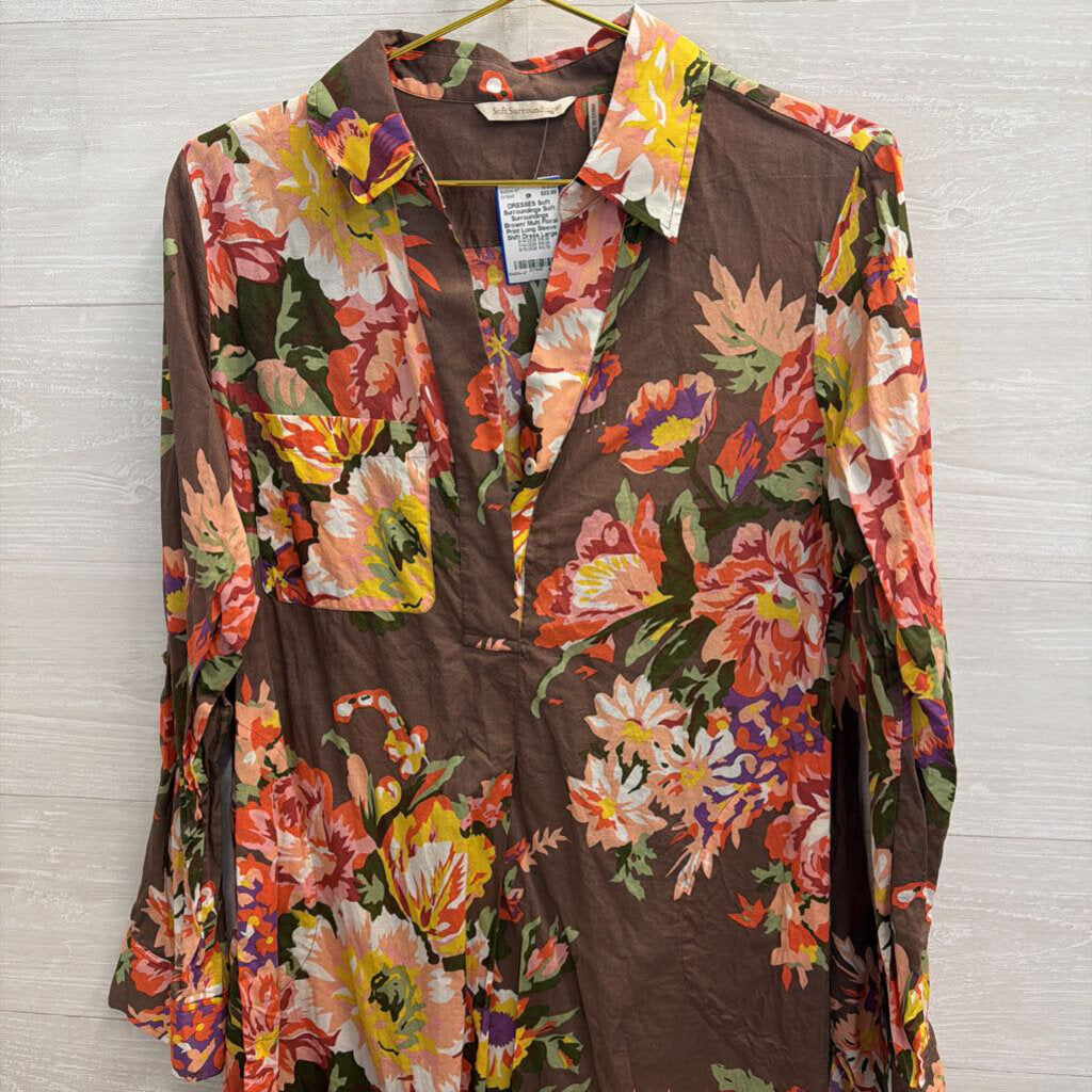 Soft Surroundings Brown/ Multi Floral Print Long Sleeve Shift Dress Large