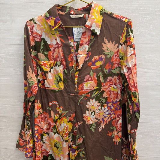 Soft Surroundings Brown/ Multi Floral Print Long Sleeve Shift Dress Large
