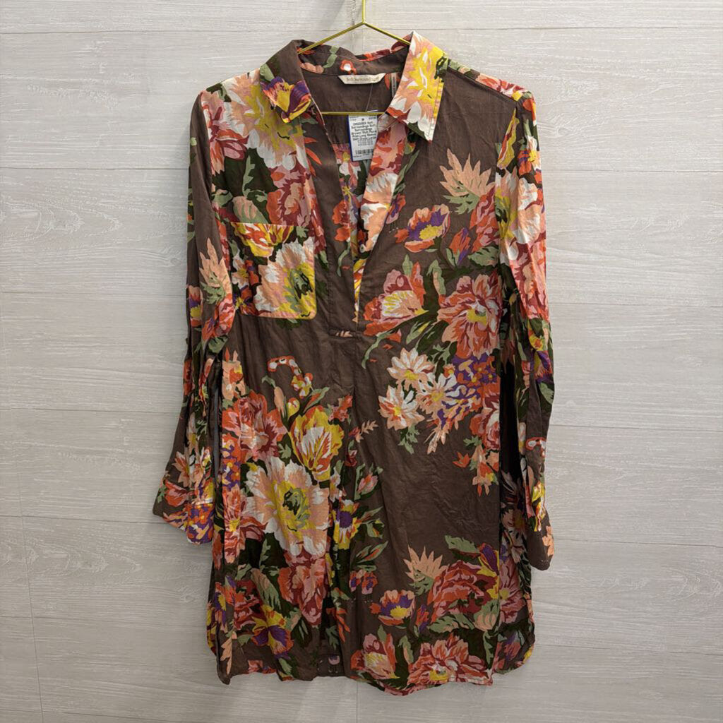 Soft Surroundings Brown/ Multi Floral Print Long Sleeve Shift Dress Large