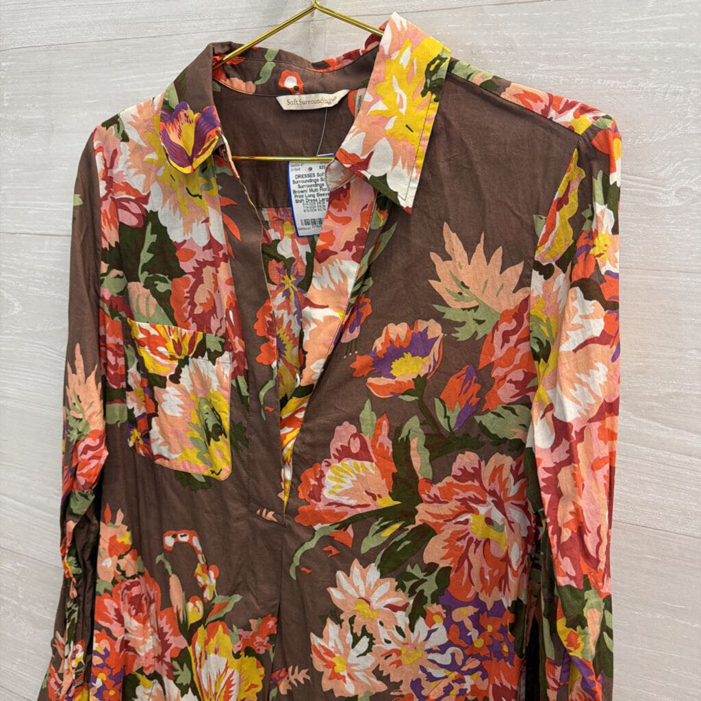 Soft Surroundings Brown/ Multi Floral Print Long Sleeve Shift Dress Large