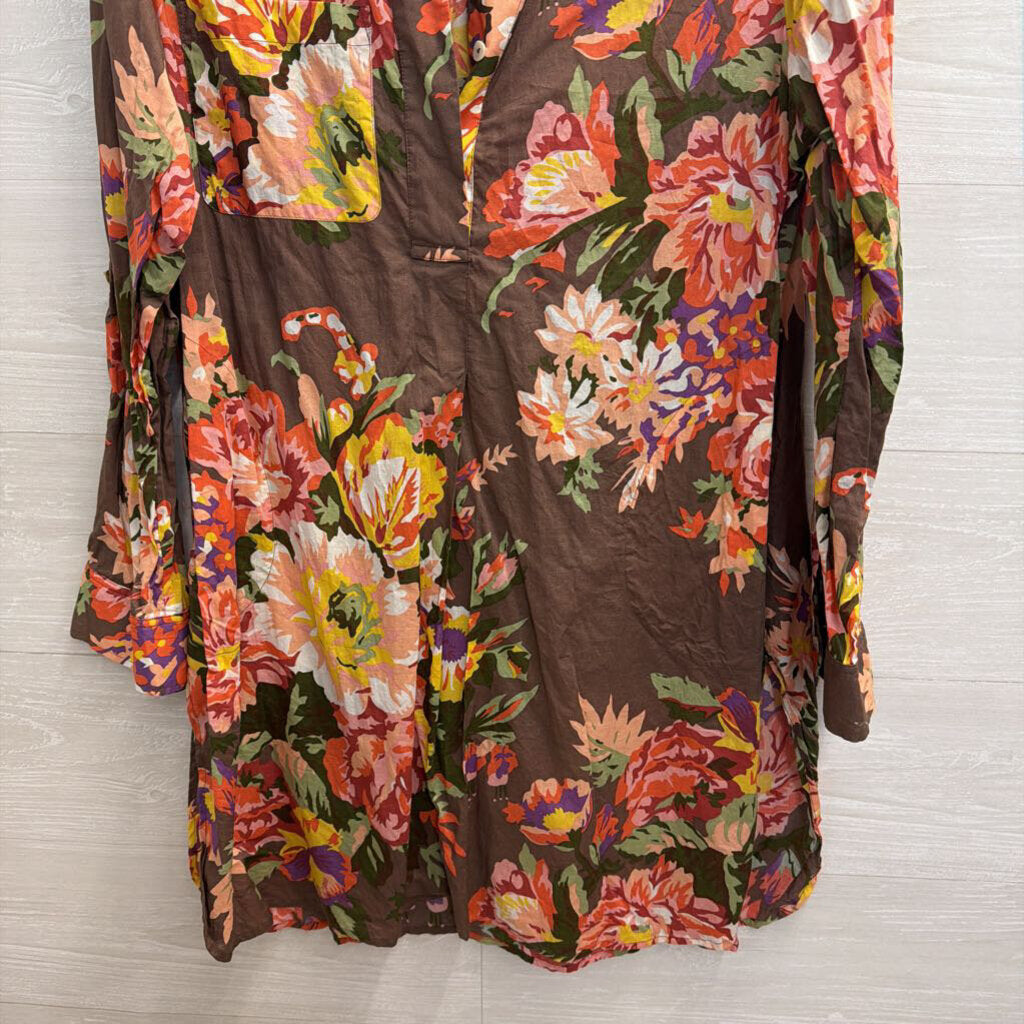 Soft Surroundings Brown/ Multi Floral Print Long Sleeve Shift Dress Large