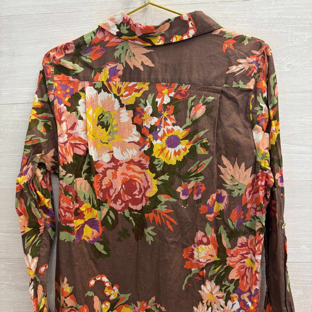 Soft Surroundings Brown/ Multi Floral Print Long Sleeve Shift Dress Large