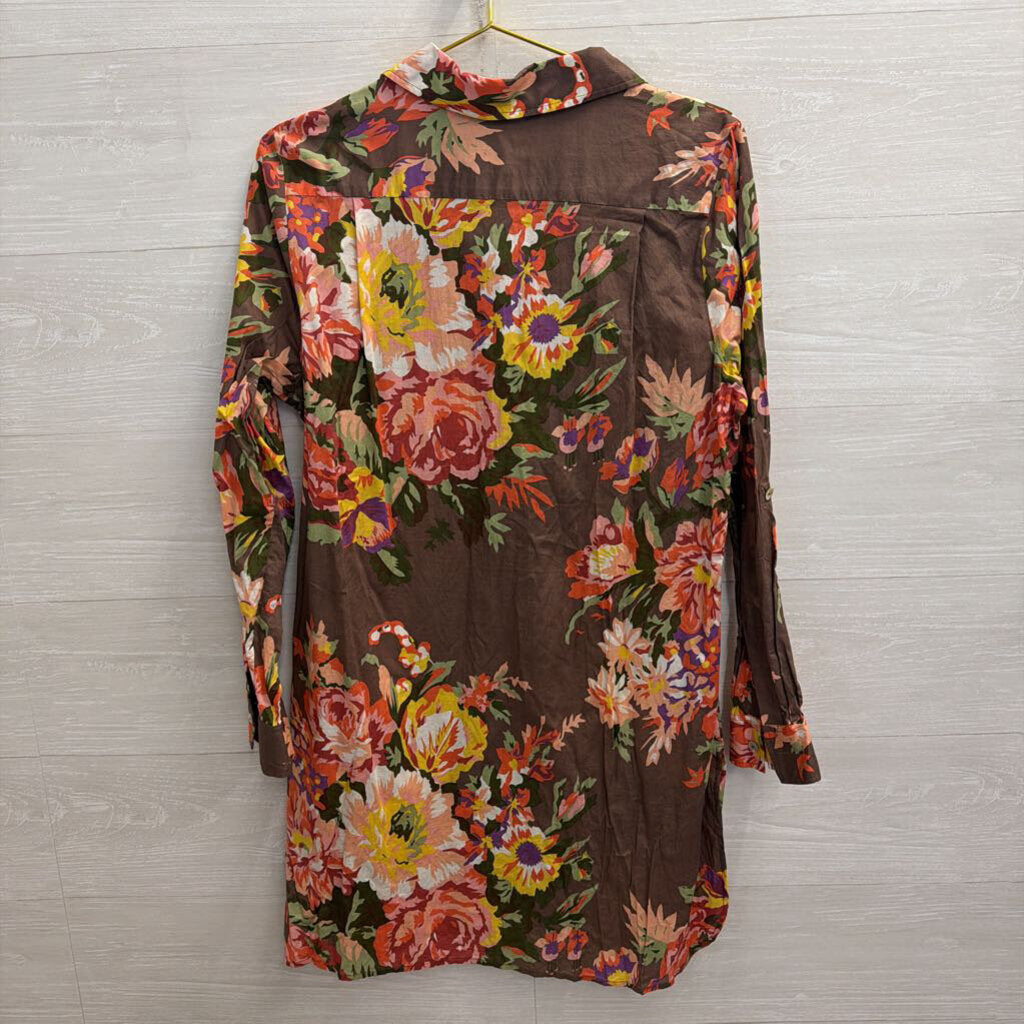 Soft Surroundings Brown/ Multi Floral Print Long Sleeve Shift Dress Large