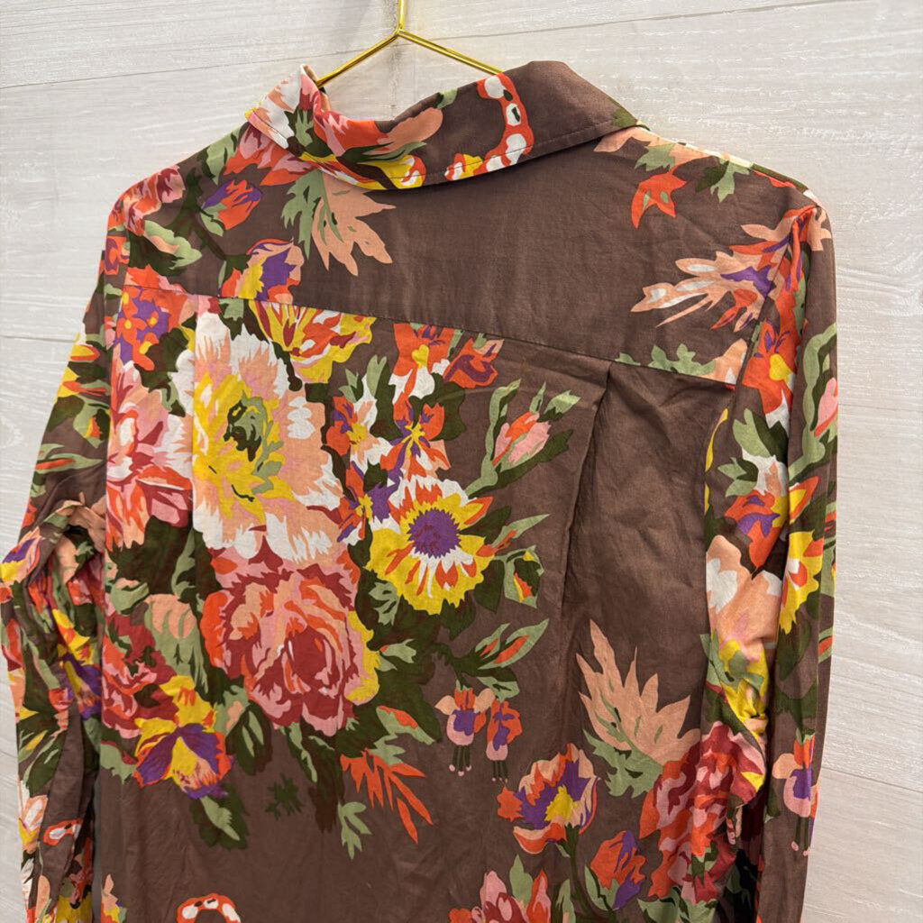 Soft Surroundings Brown/ Multi Floral Print Long Sleeve Shift Dress Large