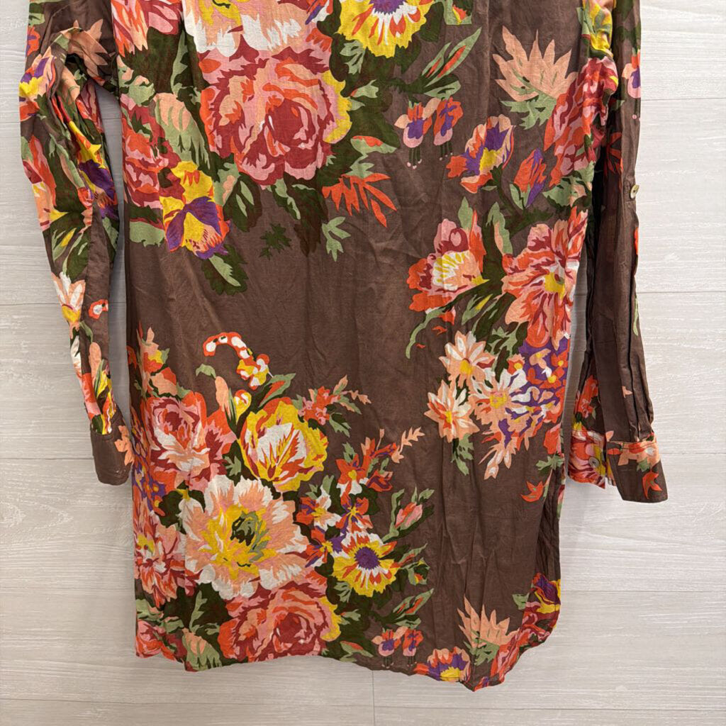 Soft Surroundings Brown/ Multi Floral Print Long Sleeve Shift Dress Large