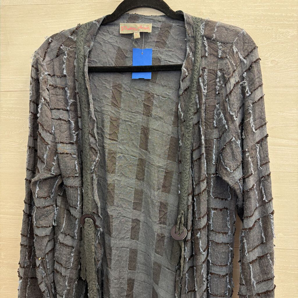 Pretty Angel Blue Textured Checkered Long Sleeve Open Front Top Large