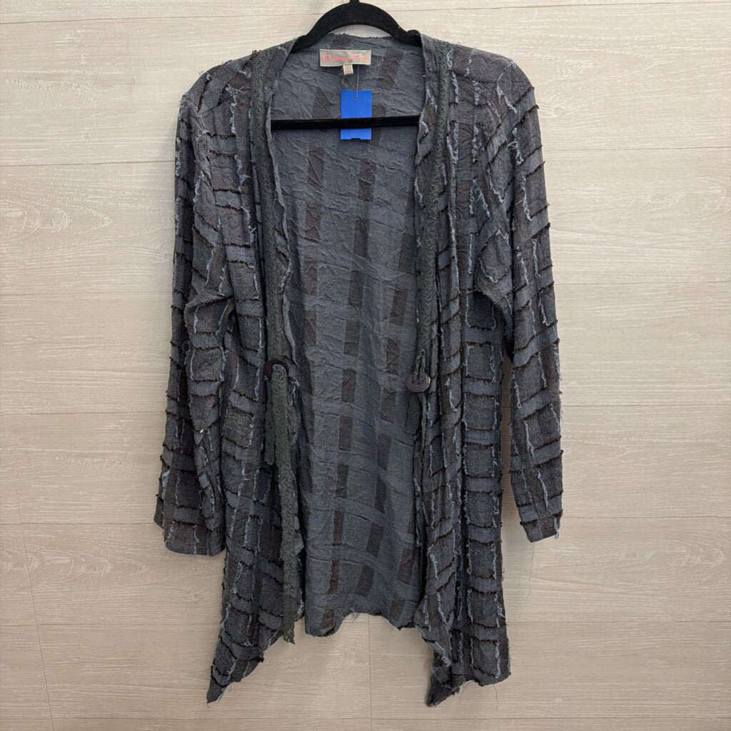 Pretty Angel Blue Textured Checkered Long Sleeve Open Front Top Large