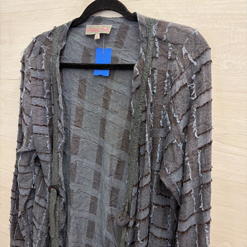 Pretty Angel Blue Textured Checkered Long Sleeve Open Front Top Large