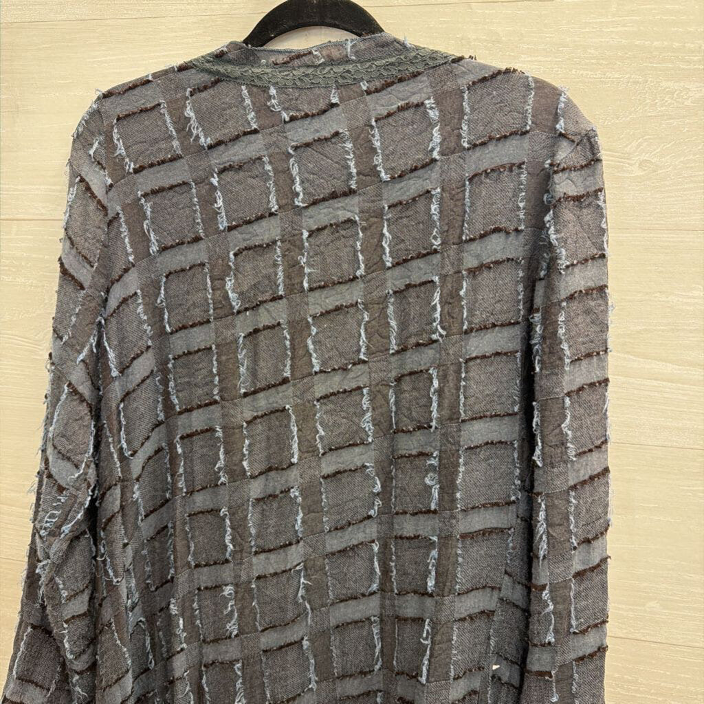 Pretty Angel Blue Textured Checkered Long Sleeve Open Front Top Large