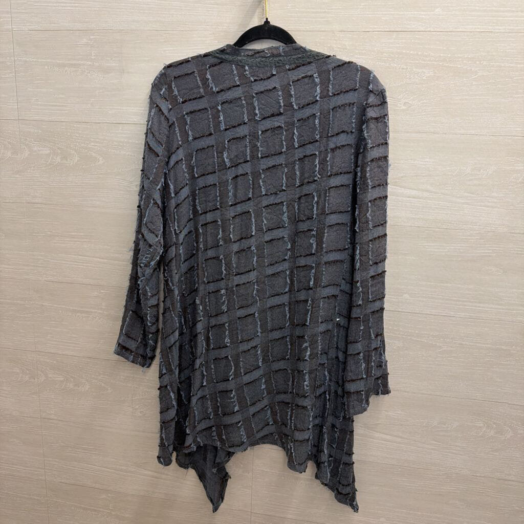 Pretty Angel Blue Textured Checkered Long Sleeve Open Front Top Large