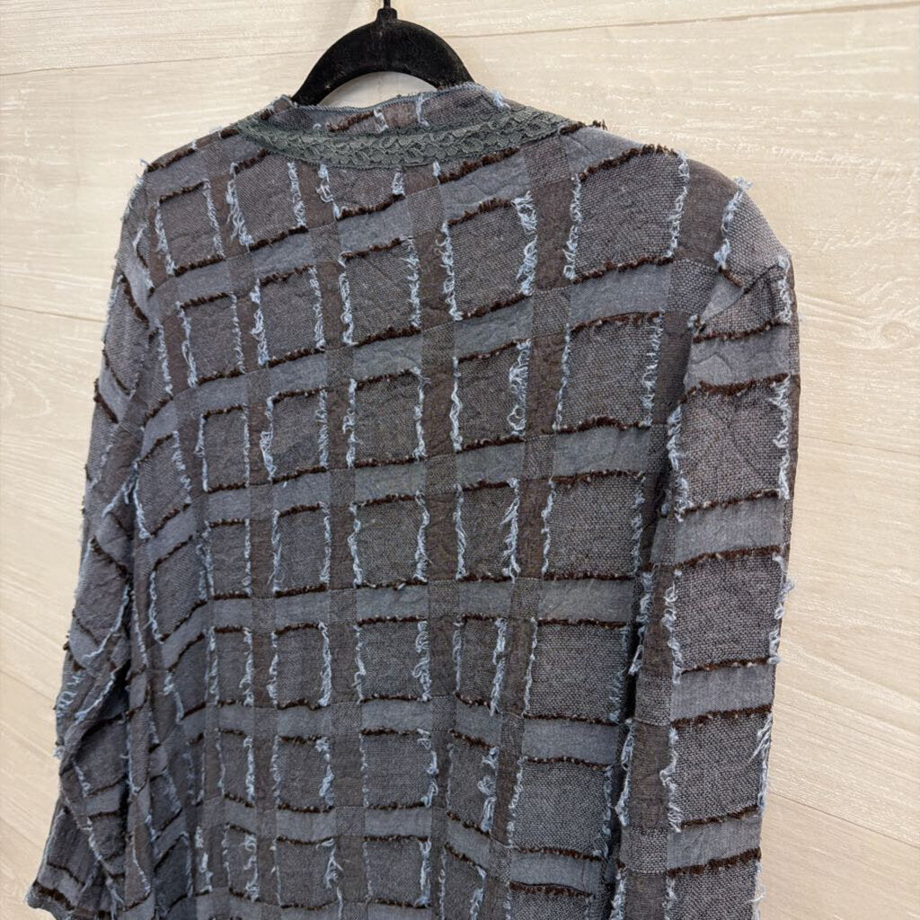 Pretty Angel Blue Textured Checkered Long Sleeve Open Front Top Large