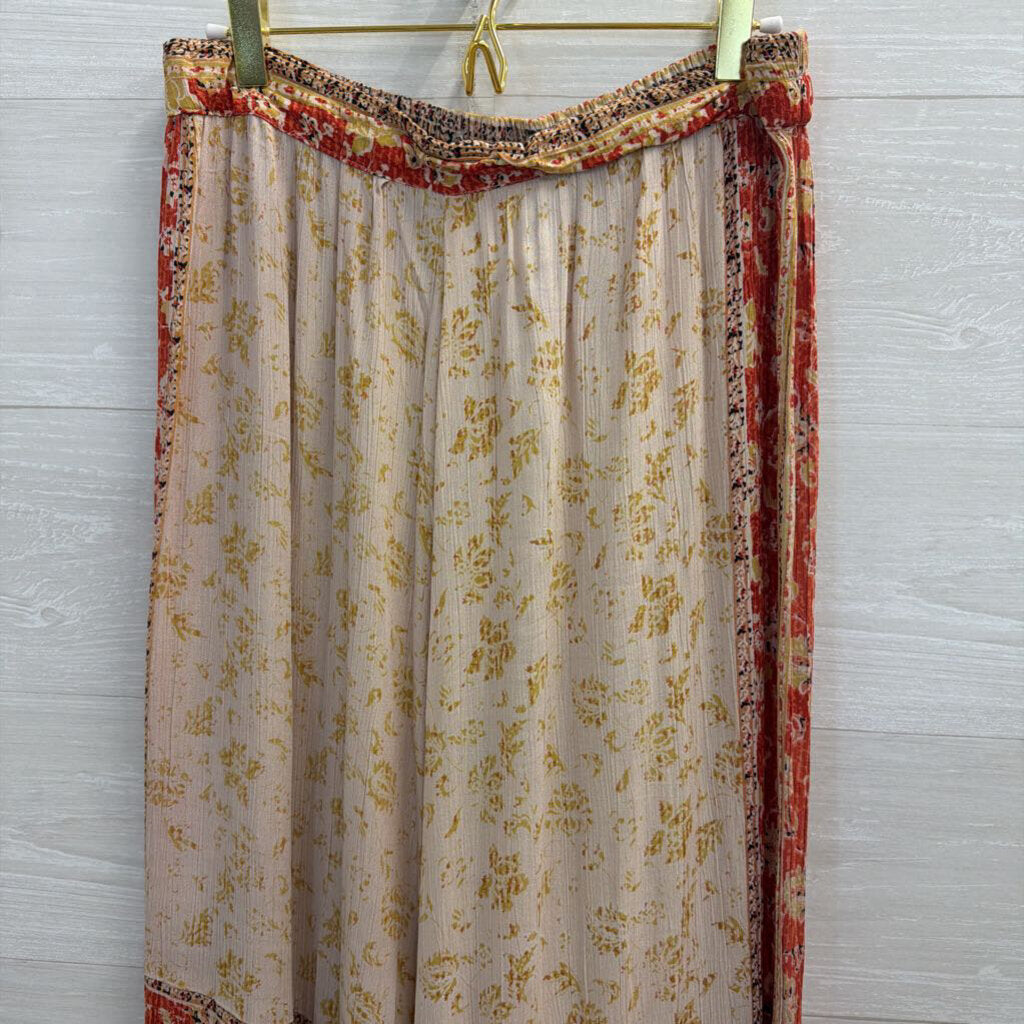 Angie Beige/ Multi Print Wide Leg Pull On Pants Large