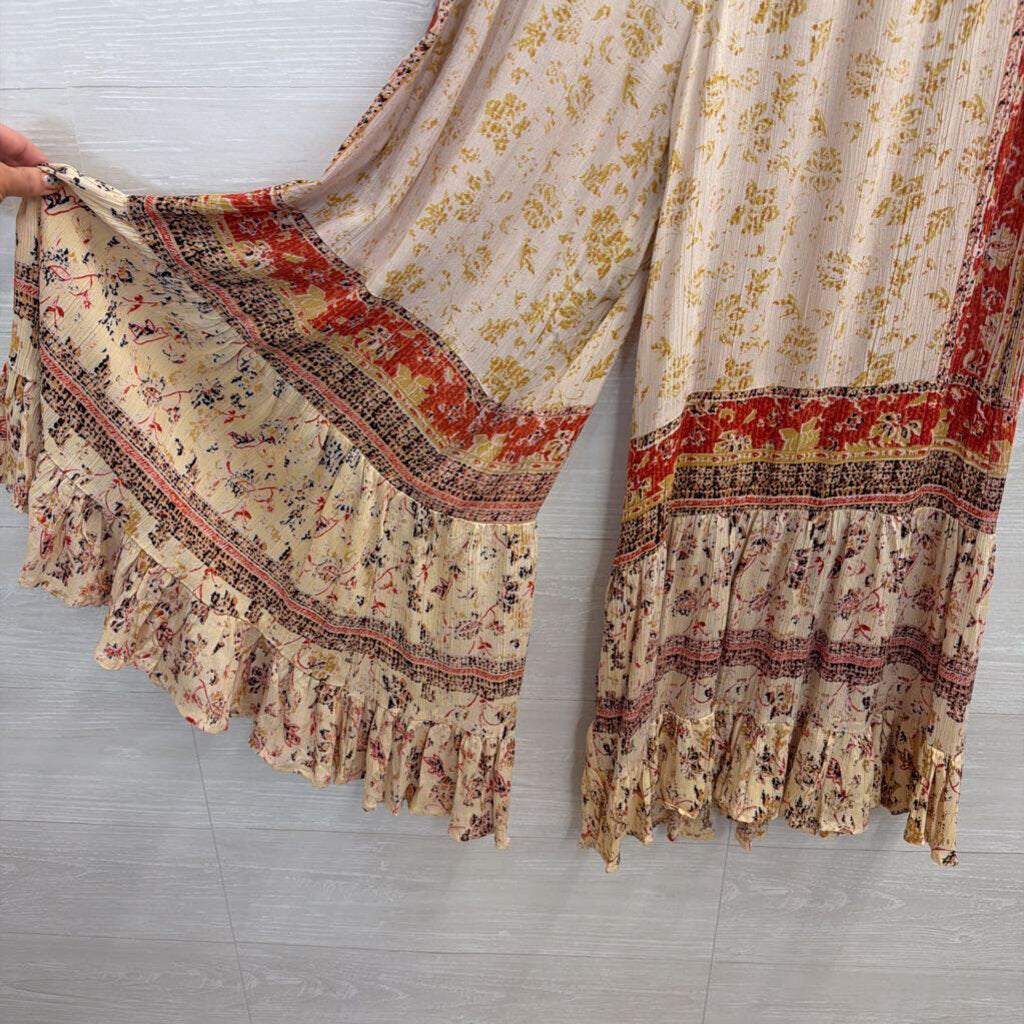 Angie Beige/ Multi Print Wide Leg Pull On Pants Large