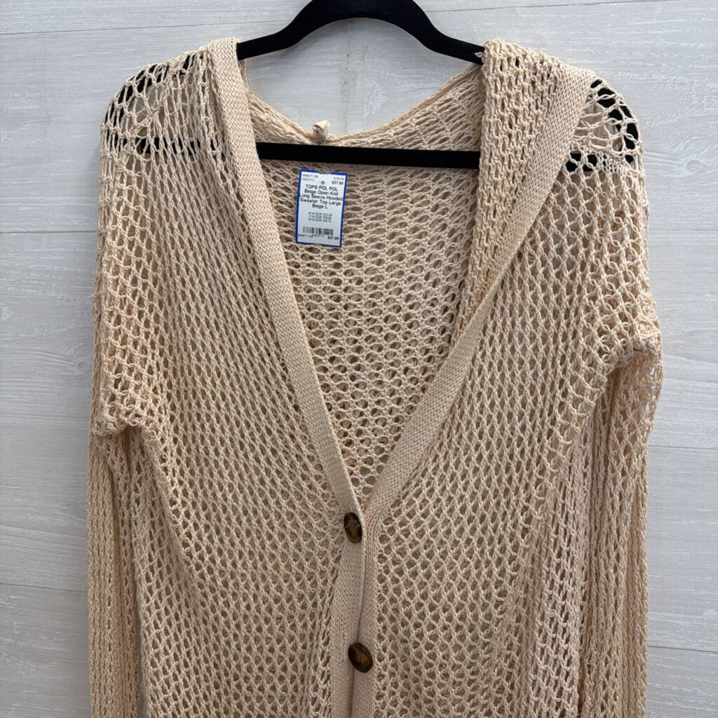 POL Beige Open Knit Long Sleeve Hooded Sweater Top Large