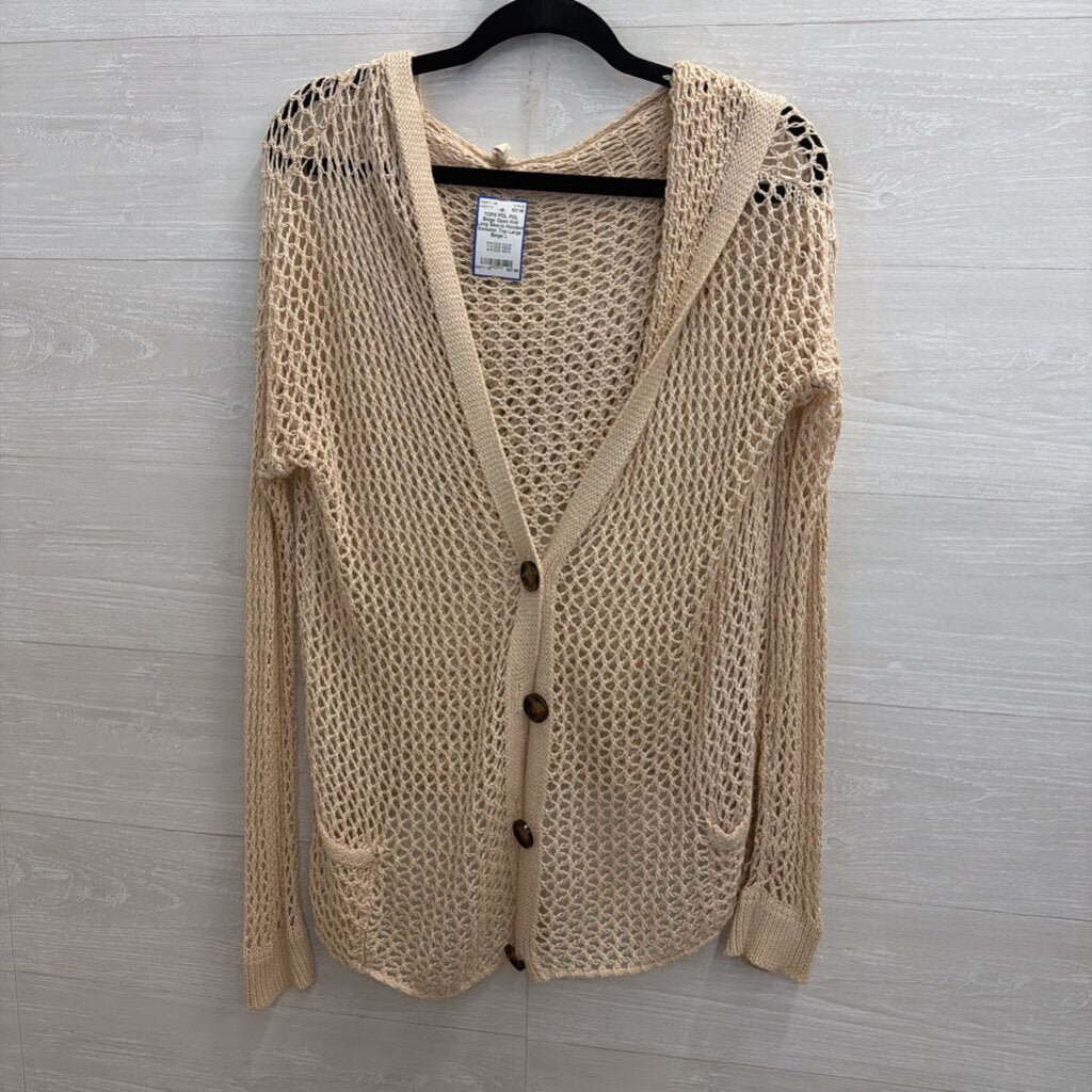 POL Beige Open Knit Long Sleeve Hooded Sweater Top Large