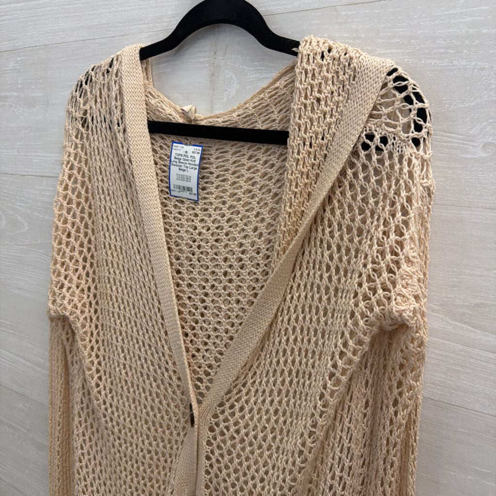 POL Beige Open Knit Long Sleeve Hooded Sweater Top Large