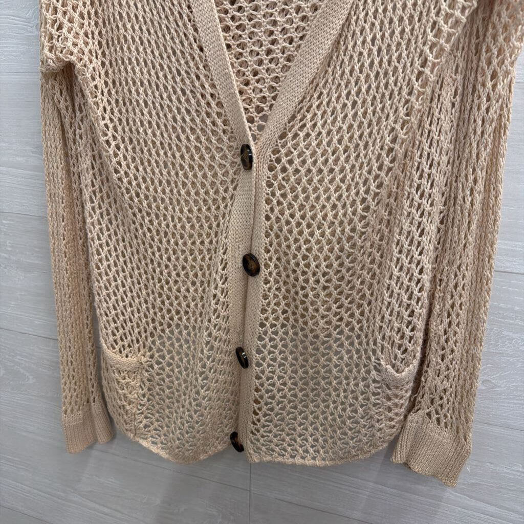 POL Beige Open Knit Long Sleeve Hooded Sweater Top Large