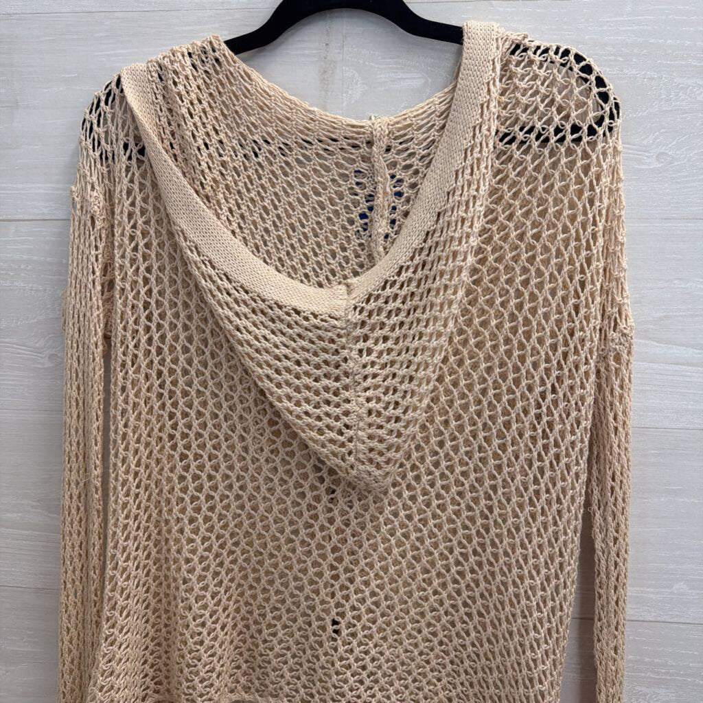 POL Beige Open Knit Long Sleeve Hooded Sweater Top Large