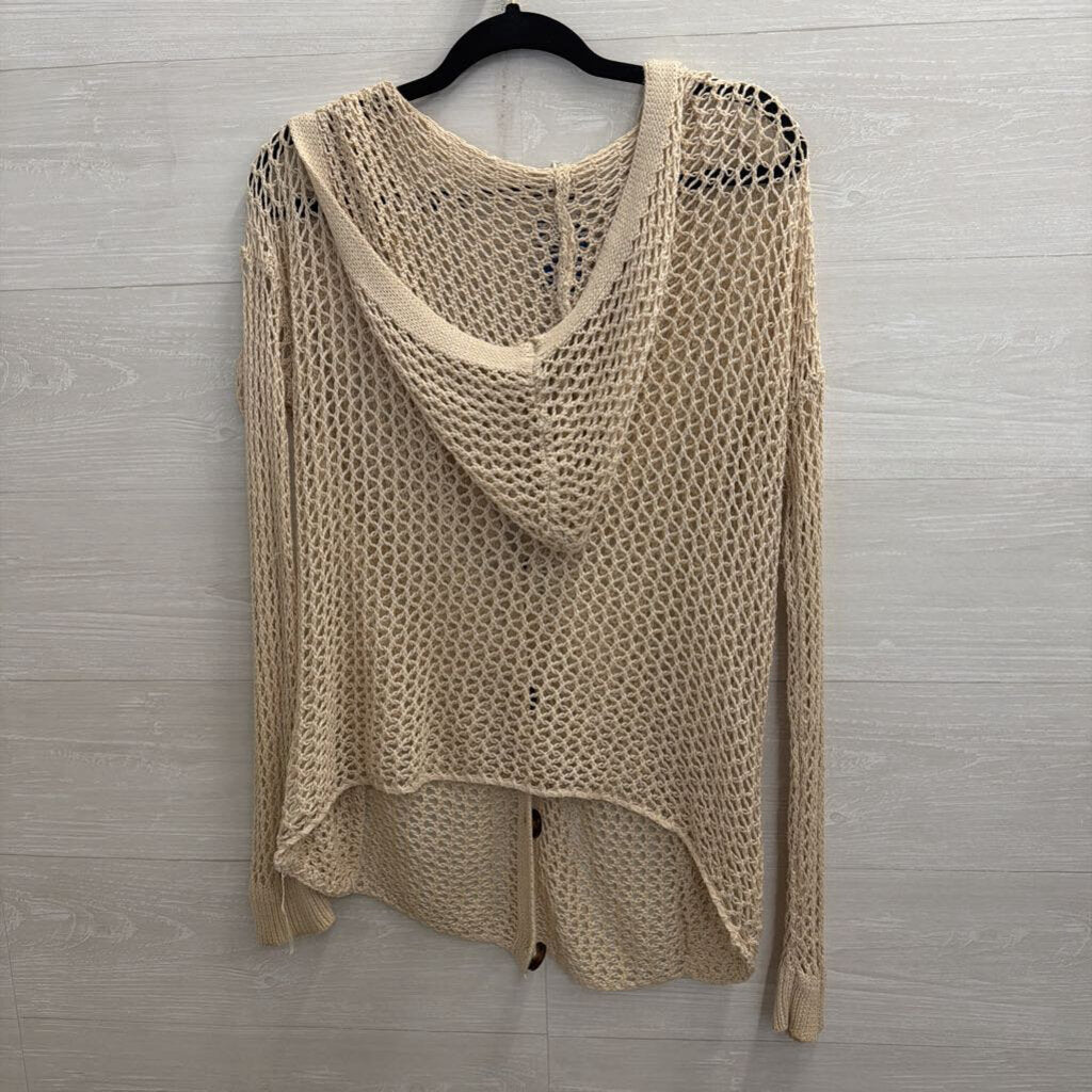 POL Beige Open Knit Long Sleeve Hooded Sweater Top Large