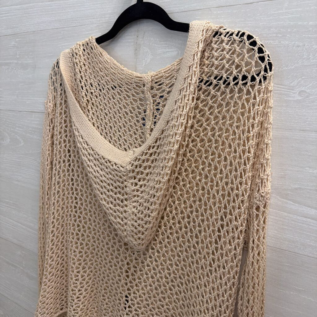 POL Beige Open Knit Long Sleeve Hooded Sweater Top Large