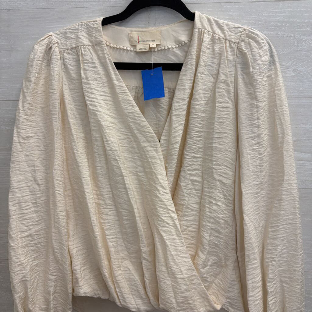Anthropologie Cream Long Sleeve V Neck Top Extra Small