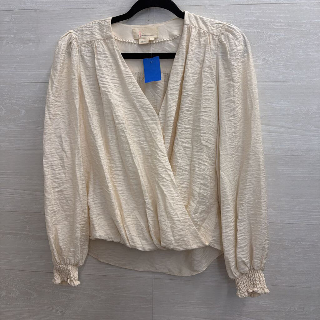 Anthropologie Cream Long Sleeve V Neck Top Extra Small