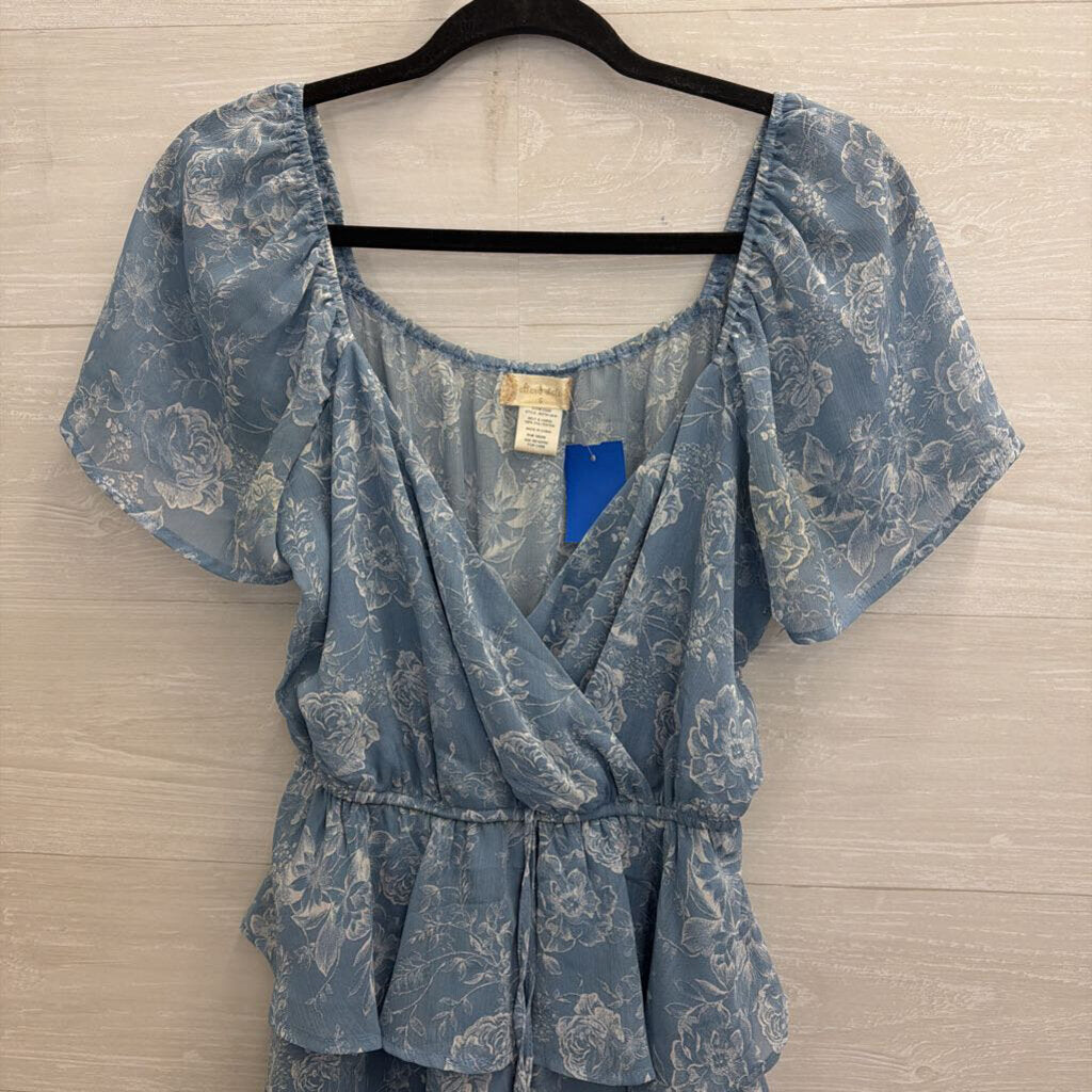 Altar'd State Blue Floral Print Short Sleeve Tiered Dress Small