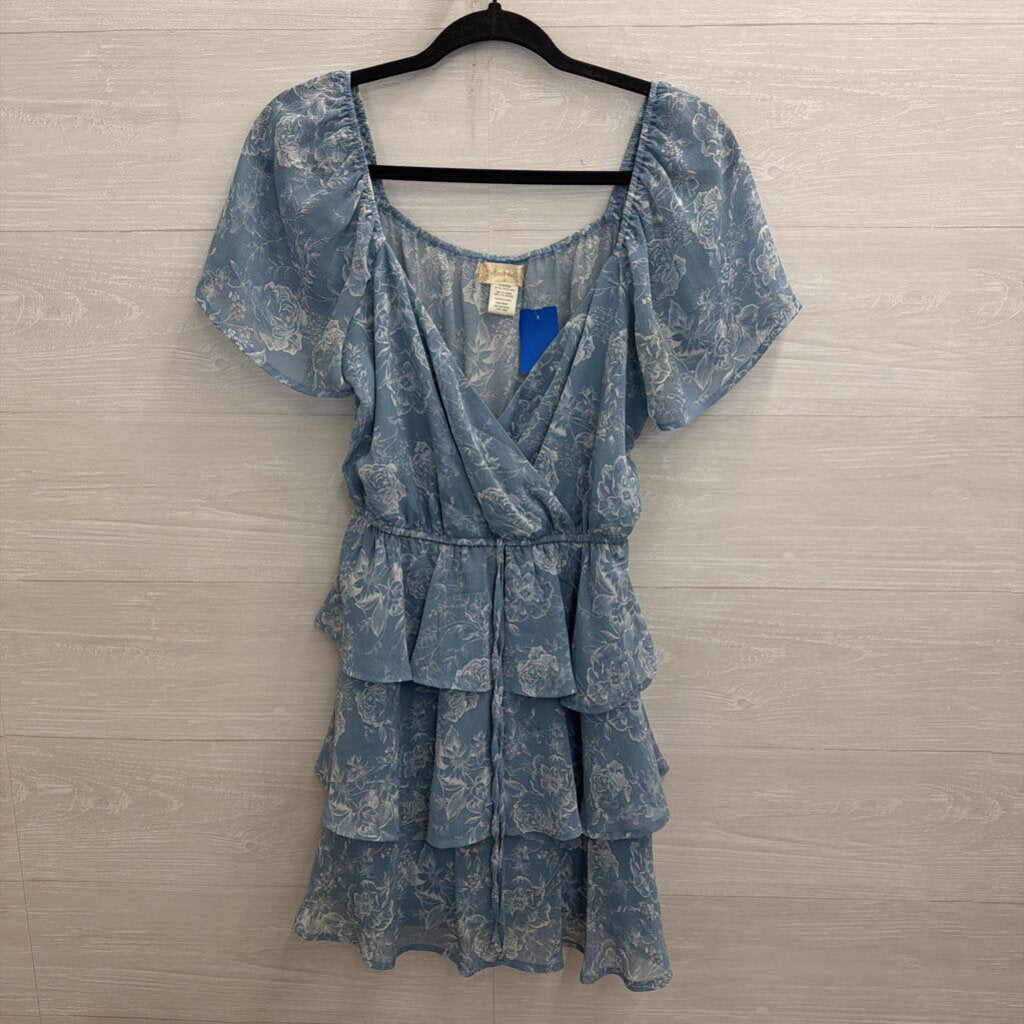 Altar'd State Blue Floral Print Short Sleeve Tiered Dress Small
